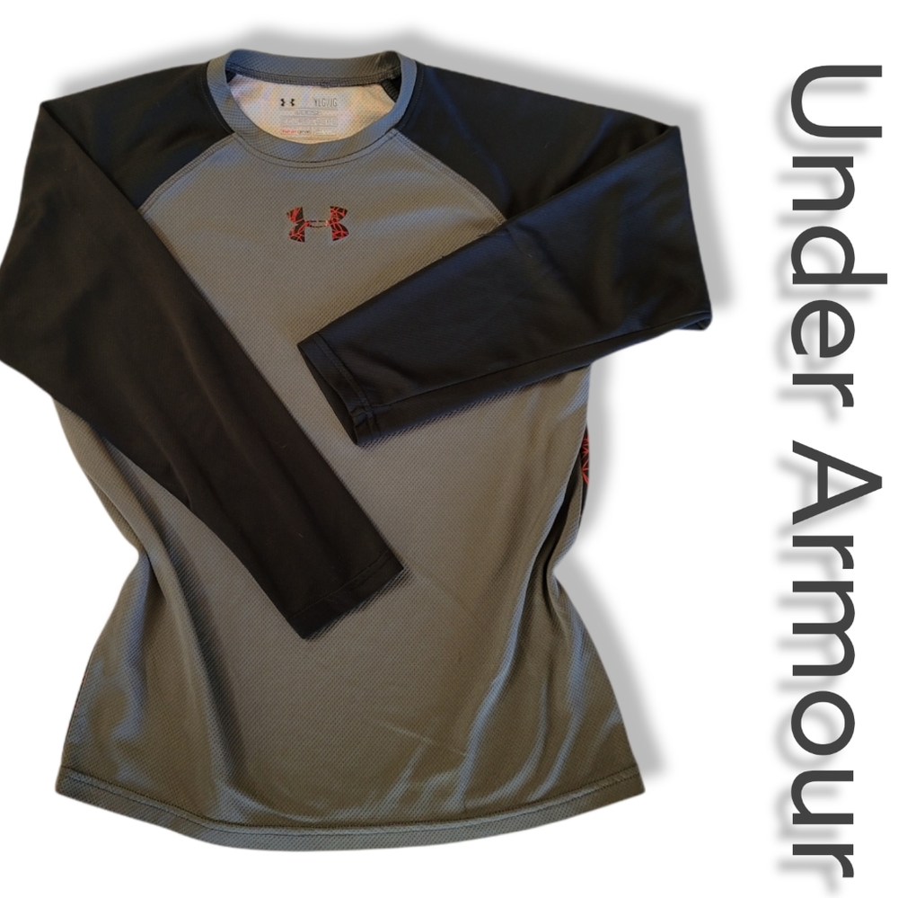YLG L Boys Under Armour Loose Heat Gear Top Long Sleeve Grey Black
